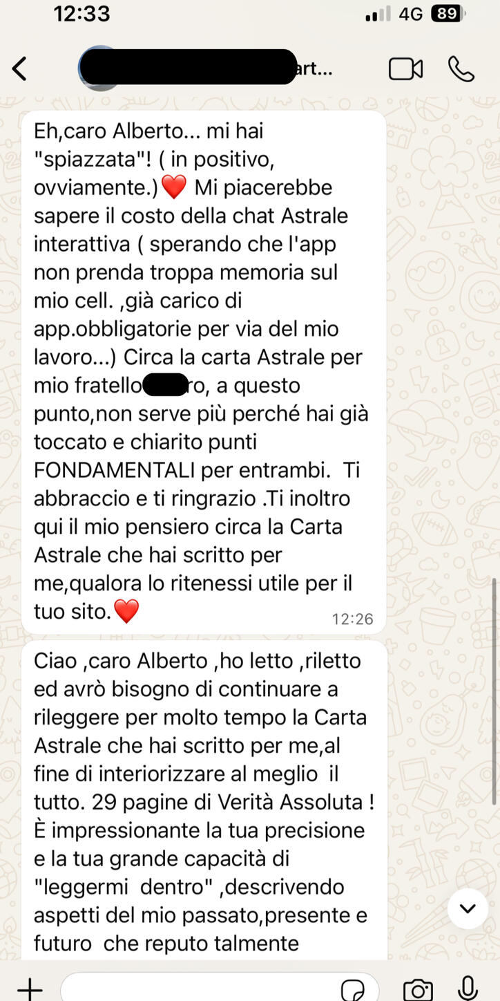 Testimonianza cliente 8 sulla carta astrale vedica di Alberto Riccio