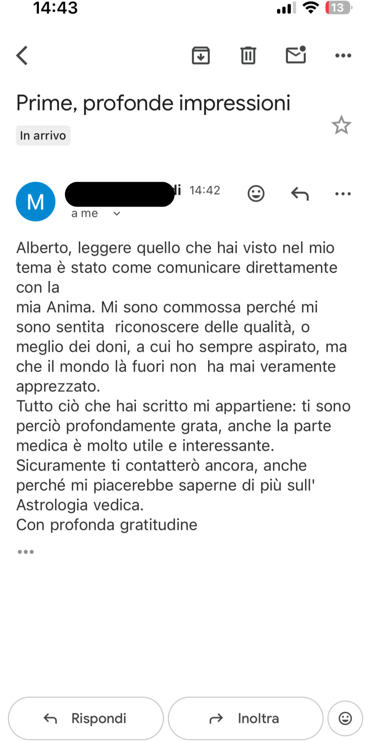 Testimonianza cliente 1 sulla carta astrale vedica di Alberto Riccio