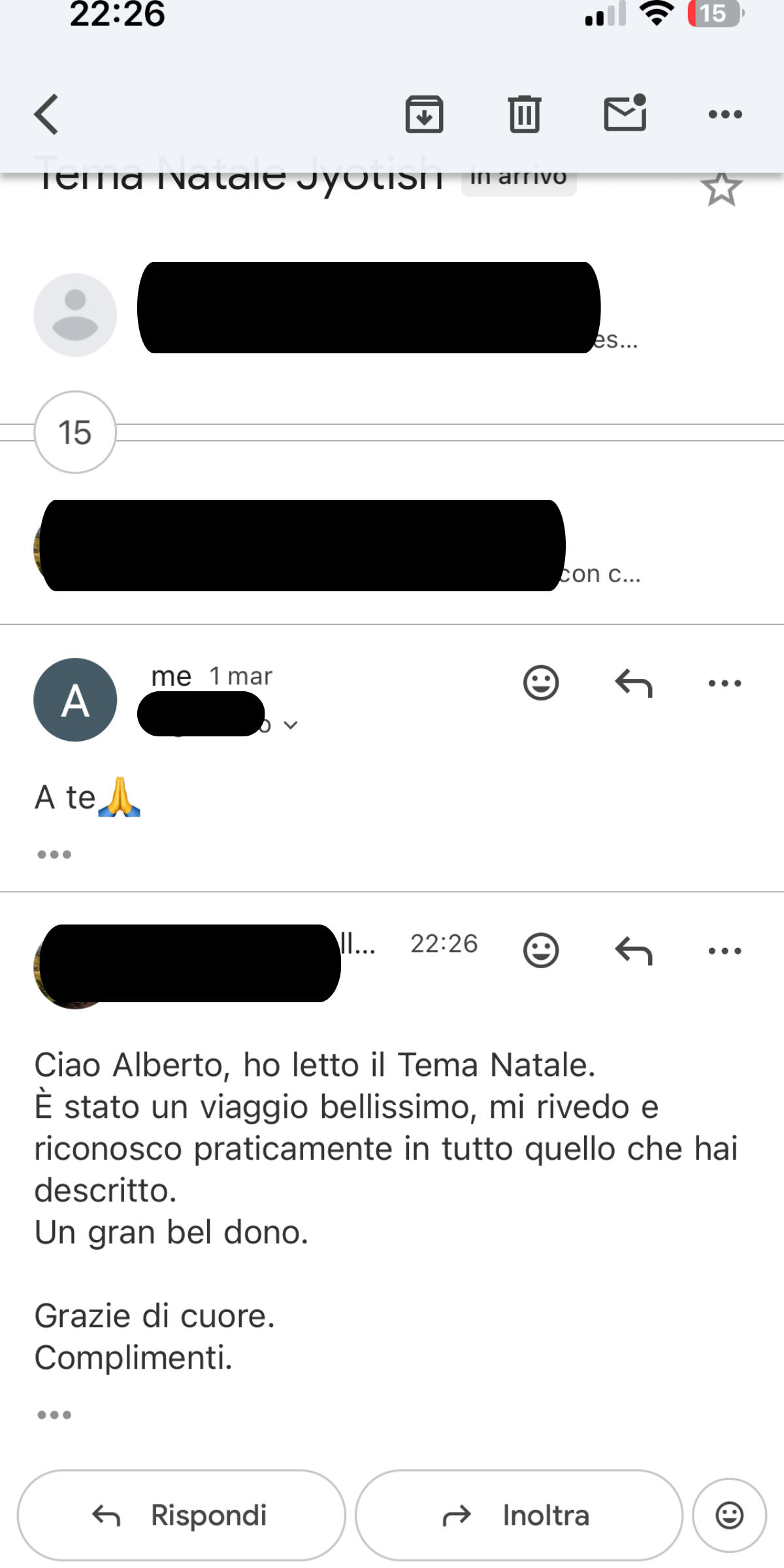 Testimonianza cliente 15 sulla carta astrale vedica di Alberto Riccio