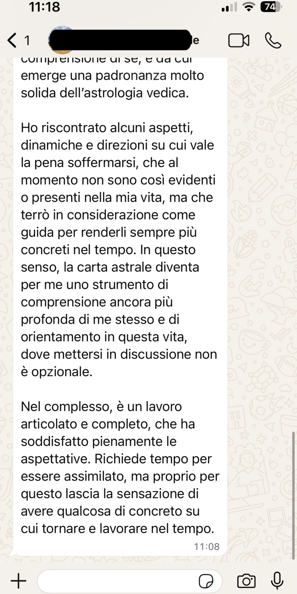 Testimonianza cliente 14 sulla carta astrale vedica di Alberto Riccio